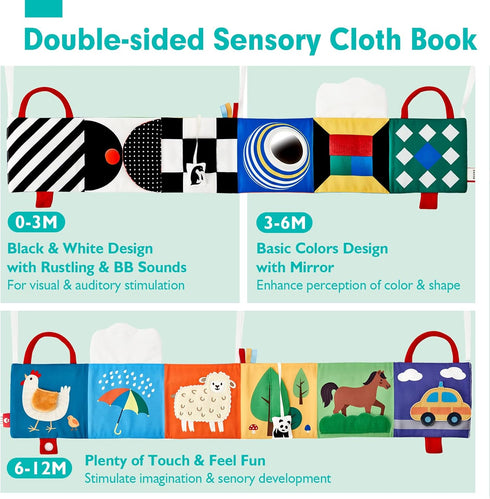 Baby Toys 0-6 Months - High Contrast Newborn Toys - Baby Tummy Time Books 0-6 Months with Crinkle, Squeaky Sounds, Touch Feel, Visual Stimulation - Christmas Baby Shower Gifts