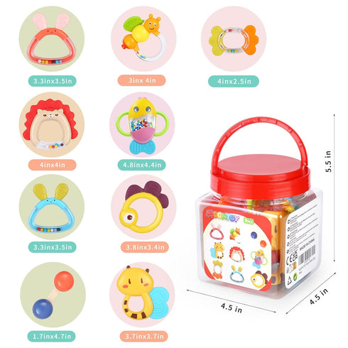 MOONTOY Baby Rattles Teether Set, 9PCS Sensory Toys for 0-12 Month Old Baby Boy Girl, Early Development Gifts