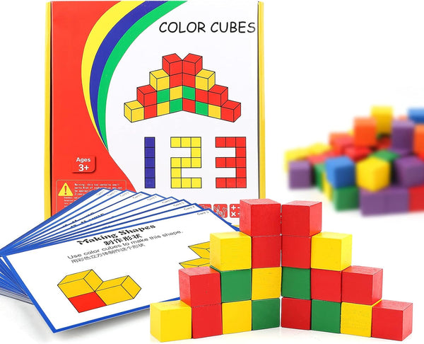 Wooden Cube Building Blocks for Kids with Challenge Cards, Assorted Colors for Preschool Classroom Supplies