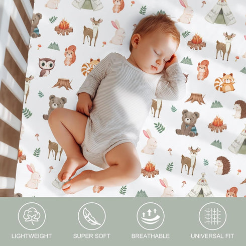 ZoUbqchY 52x28In 2 Pack Camping Animals Baby Crib Sheets for Boy Girl Bear Deer Raccoon Squirrel Bunny Hedgehog Owl