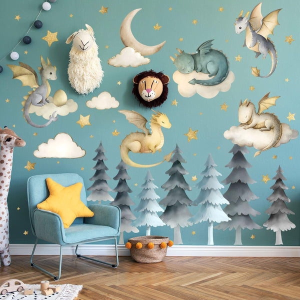 Dragon Wall Stickers,Peel and Stick Colorful Flying Dragon,White Clouds, Stars.Tree Self-Adhesive MuralRemovable