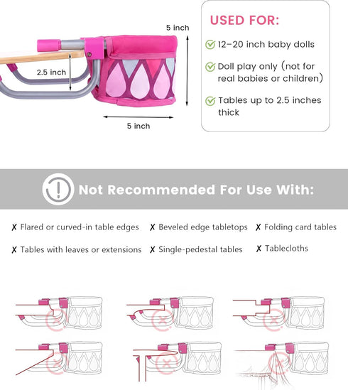 1220 Inch 3+ BABESIDE Baby Doll High Chair for Dolls, Foldable Table Seat Doll Furniture, Portable Feeding Chair