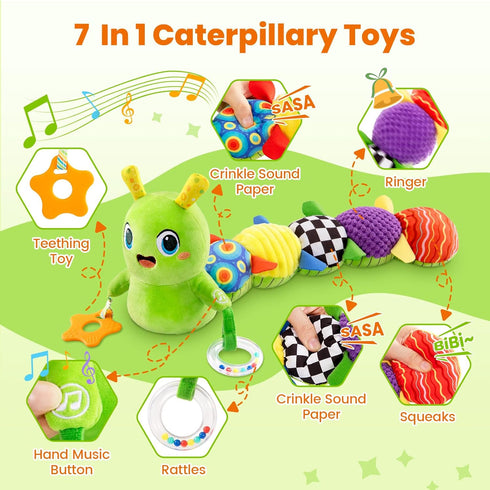 0-12 10 Tummy gogonova Baby Musical Caterpillar Toy Months, Washable Teething Rattle with Kids Songs, Infant Time Toy