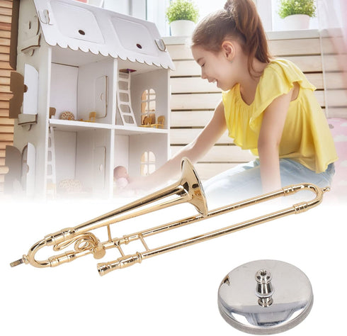 Copper Miniature Trombone with Stand and Case, Dollhouse Musical Instruments Accessories for Mini Musical Model