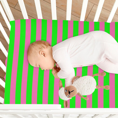 Pigsaly 27x39 Inch Crib Sheets Hot Pink Green Stripe Baby Sheet for Standard Crib Mattress Boys Girls Toddler Bed
