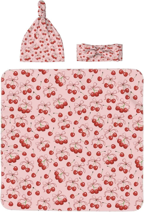 Midaivu Cherry Swaddle Blanket for Newborns Baby Swaddle with Headband and Matching Hat