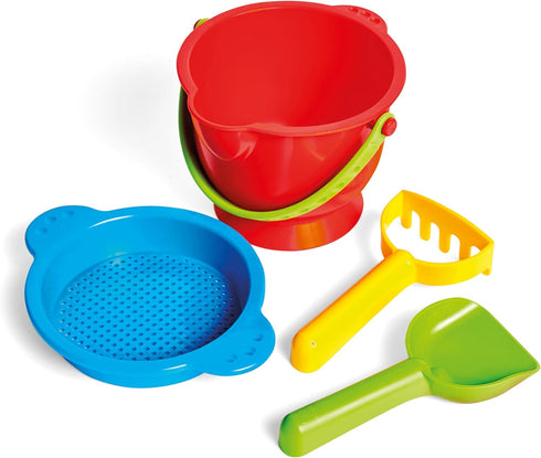Hape Beach Basics Sand Toy Set Including Bucket Sifter, Rake, and Shovel