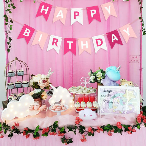Pink Happy Birthday Banner Sign, Bunting Garland for Kids Girls Baby 1st Birthday Party Decorations
