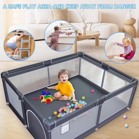 Baby Playpen, 50 x 50 inch Playard for Babies and Toddlers, Grey Baby Fence with Soft Breathable Mesh