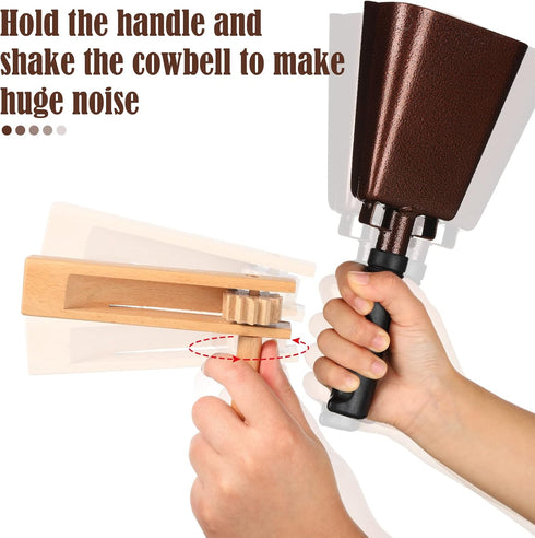 Nuanchu 4 Pcs Matraca Noise Makers, Steel Cow Bells Ratchet Wooden Spinning Rattle for Games Party Sports