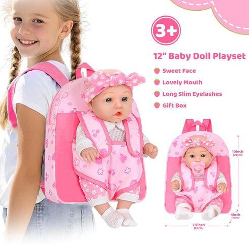 12" Backpack Box,12 Inch 3+ DONTNO Baby Doll with Carrier in Gift Realistic Baby Dolls with Clothes and Accessories,Toy