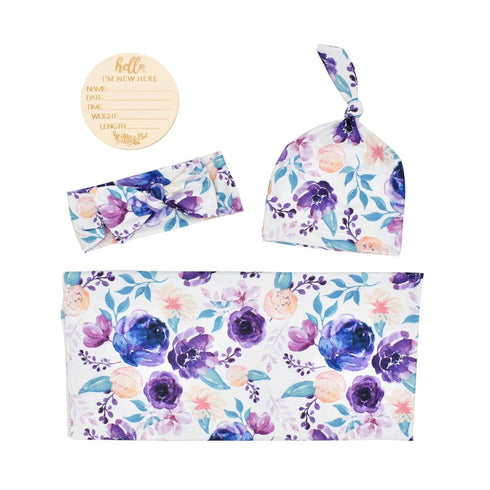 Newborn Floral Print Blanket Baby Stretch Wrap Swaddle Receiving Blanket with Matching Headband and Beanie (Purple