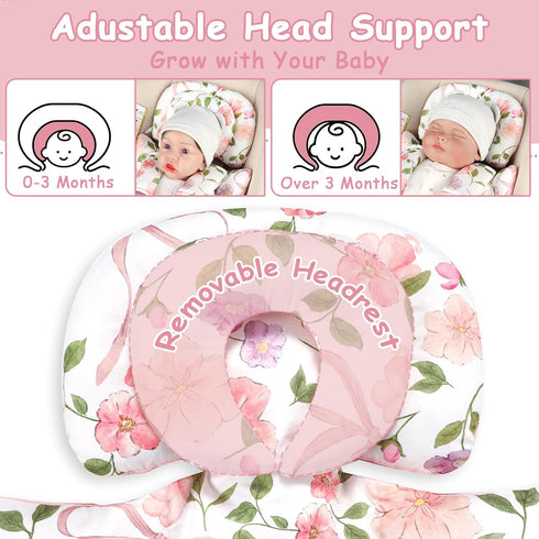 Infant Car Seat Insert with Removable Cushion for Baby Girls, Reversible Newborn Carseat Insert for Baby Head Body