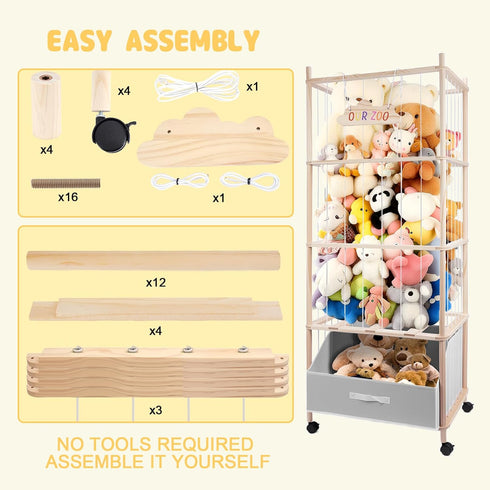 64" Stuffed Animal Storage, Super Large Plush Toy Organizer with Wheels, Wooden Stuffed Animal Holder with Removable