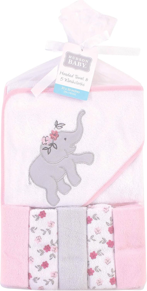 (Pack 2) Hudson Baby Unisex Baby Hooded Towel and Five Washcloths, Floral Elephant, One Size