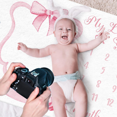 Mindsoft Trendy Pink Bow Coquette Baby Milestone Blanket Coquette Flannel Blanket Newborn Infant Swaddle Growth Baby
