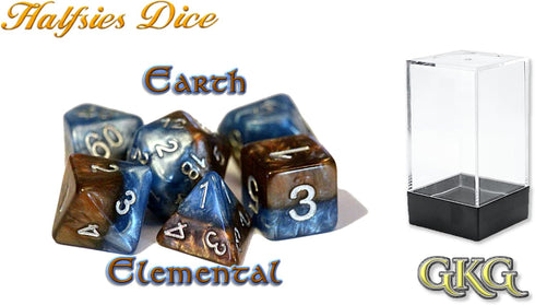 Halfsies Dice: Earth Elemental - 7pc Set, Cerulean Blue & Brown, Pearlescent Swirl for Role Playing Games