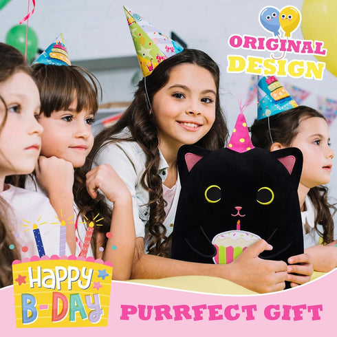 Cat Plush, 14 Inch Black Cat Birthday Stuffed Animal with Cake, Kawaii Kitten Cuddle Pillow Gift