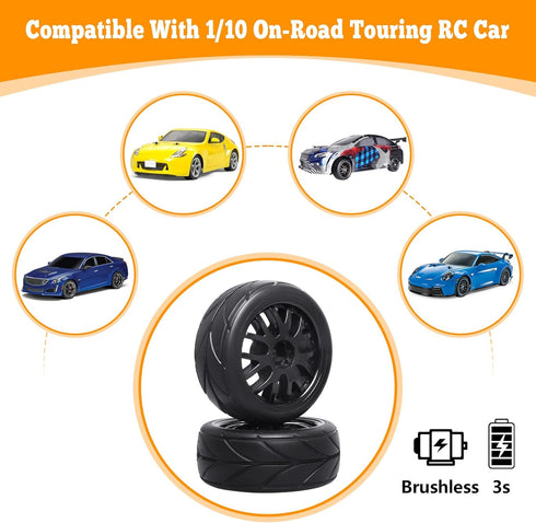 4-Pack HobbyPark RC Car Tires & Wheels, 12mm Hex Drive Hub with Foam Inserts for 1/10 Touring Car