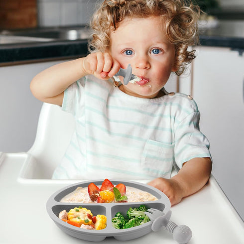 Silicone Baby Feeding Set, 2 Pack Divided Plates with Suction, 2 Pack Spoons and Forks, BPA Free, Baby Led Weaning