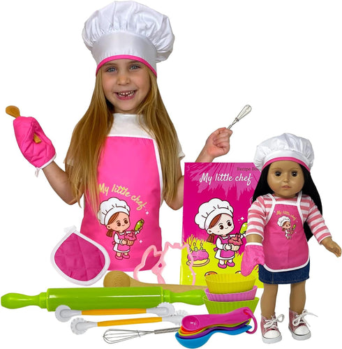 Kids Baking Set with Apron, My Lil Chef Hat, Oven Mitt, Easy Bake Recipe Book & Cooking Toys, 18 Inch Doll Apron