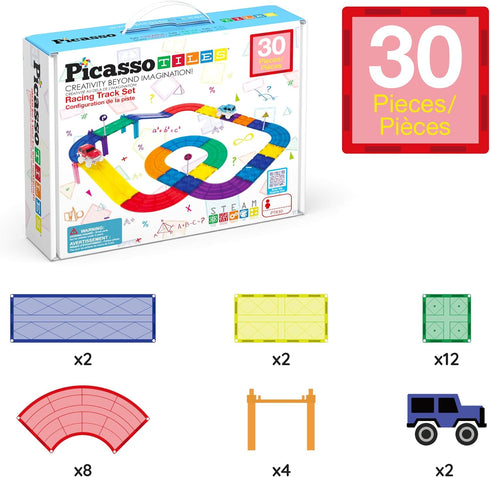 PicassoTiles Magnetic Race Track Toys Set for Toddlers, Includes 2 Trucks, Building Blocks for Kids Age 3+