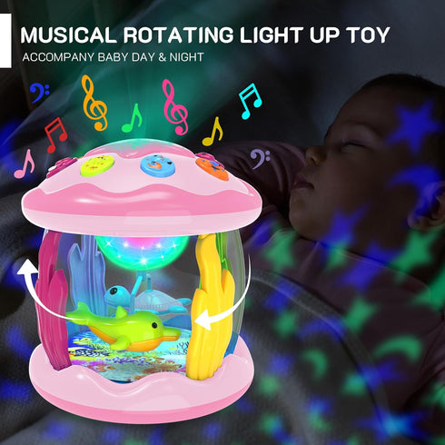 Baby Toys for 6-12 Months - Musical Light Up Rotating Toys, Pink Ocean Projector for Infant Learning Skills