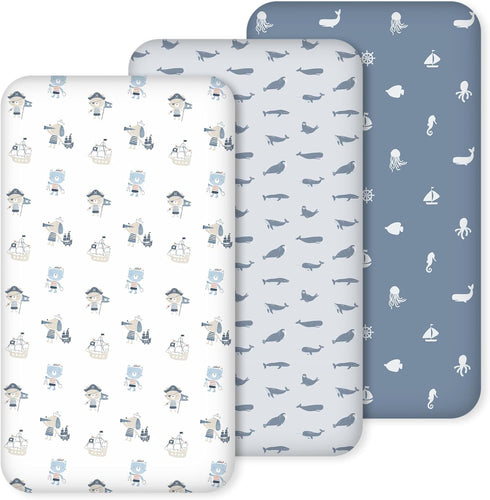 Nap Mat Sheet 47"x24", 3 Pack Blue Ocean Sailor Baby Crib Sheets