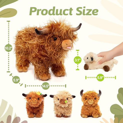 OUOZZZ 14.5" 4 3 Highland Cow Stuffed Animal Large Realistic Fluffy Cow Plush Toy with Baby Calves Travel-Friendly