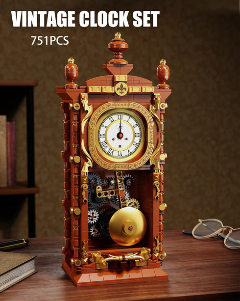 TYCOLE Set, 6+ Vintage Pendulum Clock Building Block Stem Toy with Real Clock Function and Linkable Mechanical