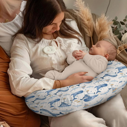 KuphiL10C Sailboats Watercolor Ocean Whale Pattern Nursing Pillow Cover, Unisex Sea Animals Removable Breastfeeding