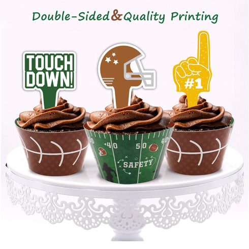24 Packs Football Cupcake Toppers and Wrappers for Birthday Sports Game Day Sunday Party Decoration Supplies