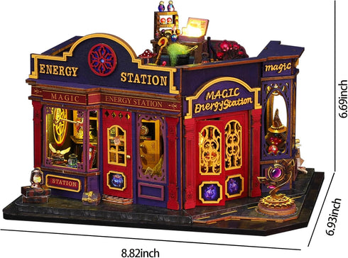 Plustopoy 3D DIY Miniature House Kit: Wooden Puzzle Miniature Kit with LED Light, Magic Station Tiny Model Mini House