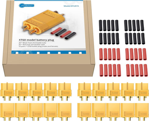 AUTOUTLET 10-Pair XT60 Power Connectors (M/F) with 20 Heat Shrink Tubes for RC LiPo Batteries