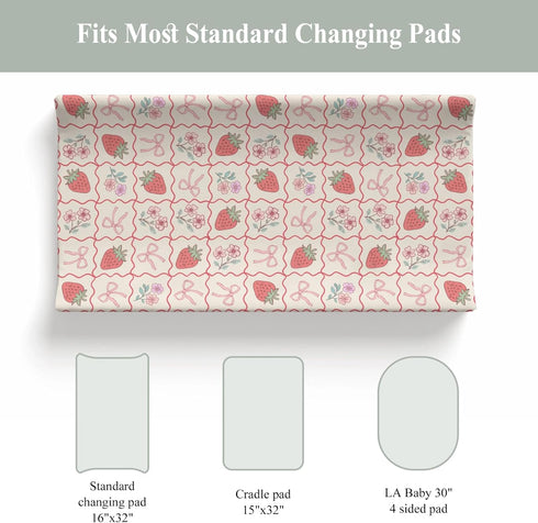 Summer 32''16'' Boho Strawberry Flowers Baby Changing Pad Covers for Boys Girls Strawberries Pink Bows Checkerboard