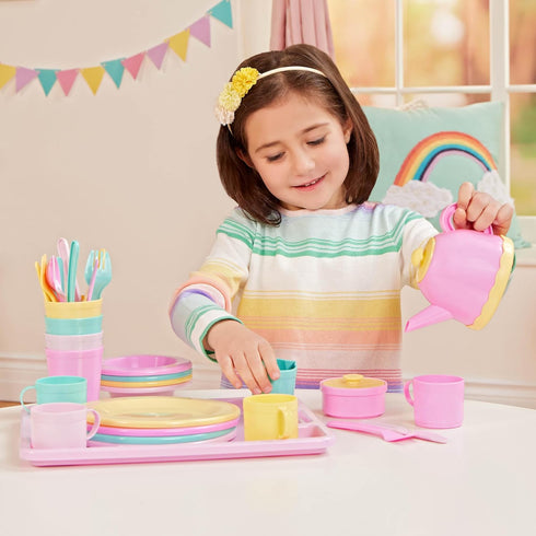 Set 3+ Years(34 Battat Play Circle Dish Plates, Cups, and Tea Party Toys Kitchen Toys for Toddlers Pretend Play Pieces)