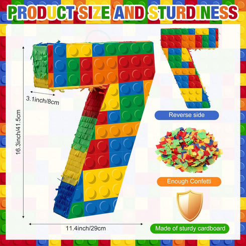 Number 7 Building Blocks Piñata, 16.5 Inch Party Supplies for 7th Birthday Decorations with Confetti Blocks Theme