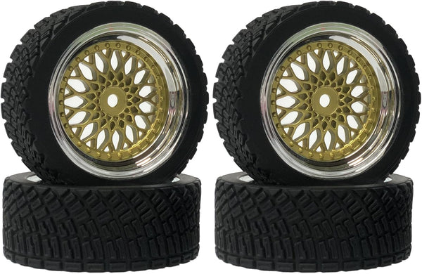 4PCS 65mm RC Rally Car Rubber Tires and Plastic Plating Wheel Rims Set for 1/10 RC On-Road Racing Car (Gold Silver)