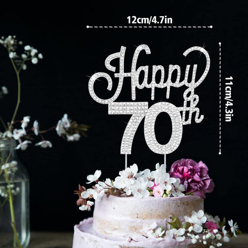 LINGTEER Happy 70th Birthday Silver Rhinestone Cake Topper - Cheers to Seventy Years Old Anniversary Party Cake