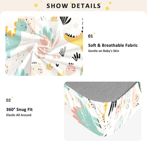 Bseiialft 52 28 Cute Dinosaurs Leaves Crib Sheets for Boys Girls Soft and Breathable Cotton Baby Sheets for Standard