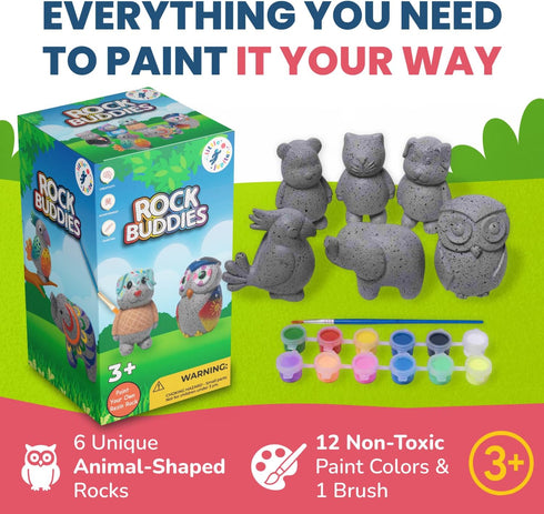 3-12 6 Rock Buddies - DIY Resin Shaped Stone Like Material Animal Figures - Ideal Arts and Crafts for Kids Yrs old