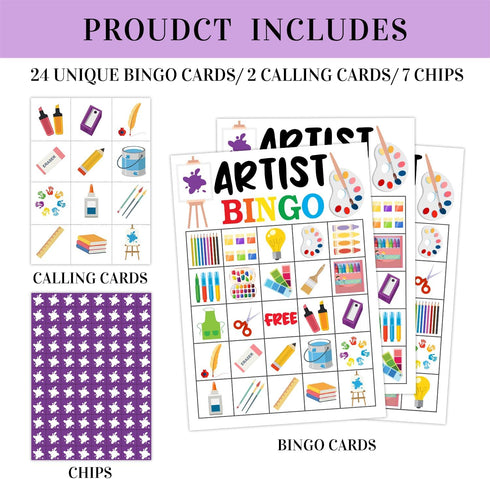Artist Party Bingo Game, 24 Player Art Bingo Cards Set for Family Activities, Painting Party Supplies