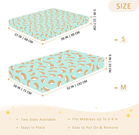 Jynexis 52x28 Japanese Sushi Salmon Teal Pattern Baby Crib Sheets, Cotton Fitted Crib Sheet, Soft Breathable, Fits