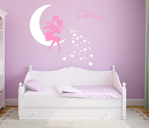 Fairy Wall Decal, I Love You to The Moon and Back, Soft Pink and White, Kids Bedroom Nursery Decor (A19)