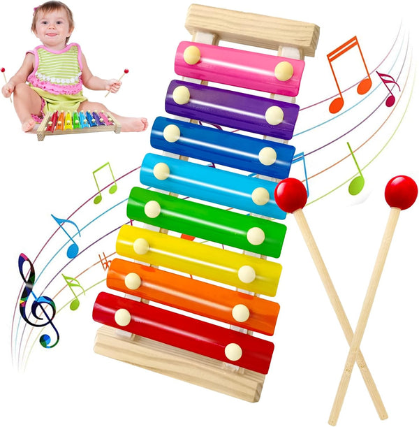 Wooden Xylophone for Kids, Toddler Toy with 2 Mallets, 8 Diatonic Keys for Educational Gifts