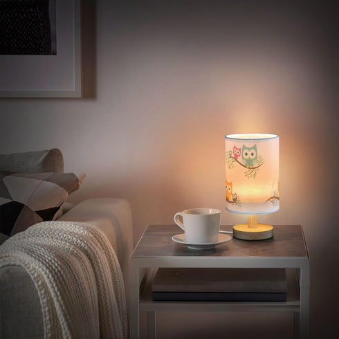YYZZH Table Lamp Cute Cartoon Owl with Baby Child on Tree Branch Nightstand Lamp with Wood Base Fabric Lamp Shade