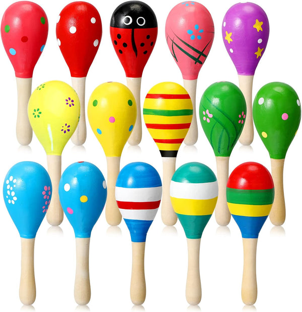 50 Pcs Mini Wooden Maracas for Kids Fiesta, 17 Designs Noisemaker for Mexican Cinco De Mayo, Luau Party, Carnivals,