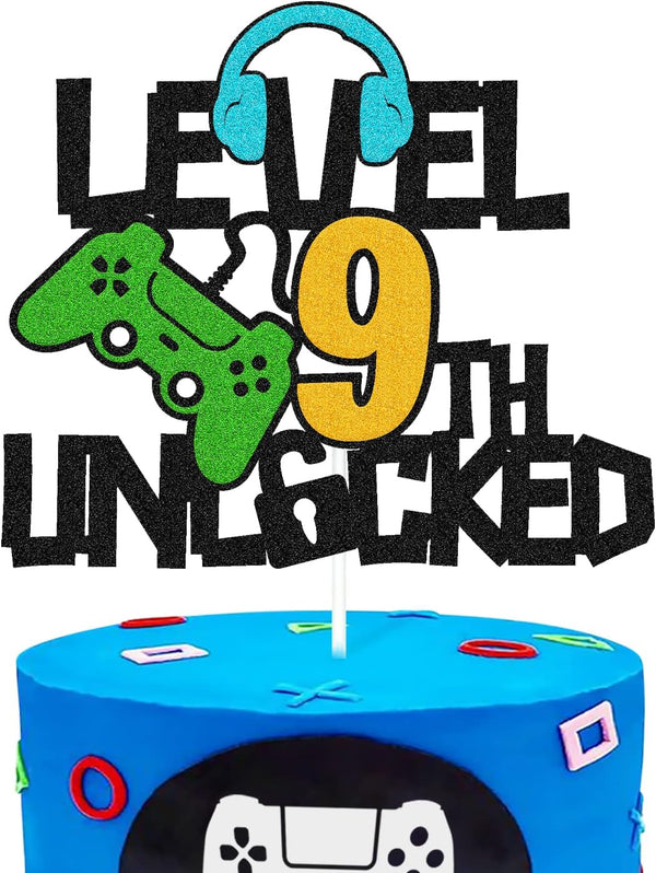 Happy 9th Birthday Cake Topper, Level 9 Unlocked for Boys, Video Game Controller Theme Party Supplies