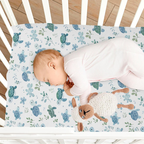 Vdsrup 39 27 5In Crib Sheets for Boys Girl Turtles Neutral Mini Crib Mattress Sheets Fitted, Blue Green Toddler Baby