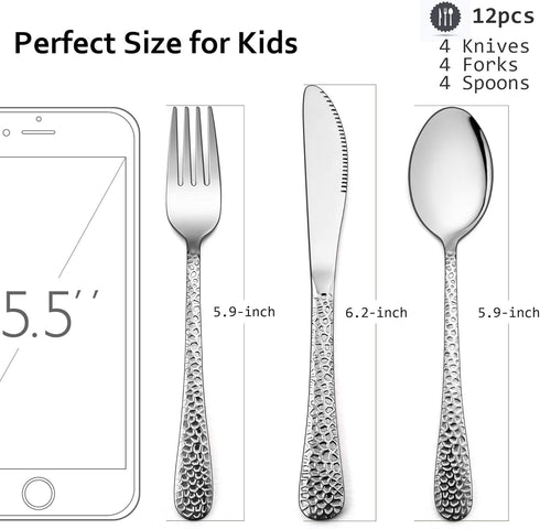 LIANYU 12-Piece Kids Utensils Silverware Set - Stainless Steel Toddler Hammered Flatware Cutlery, Dishwasher Safe